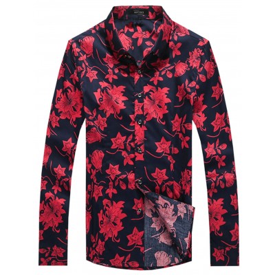 APTRO Men's Cotton Print Holiday Style Long Sleeve Floral Shirt